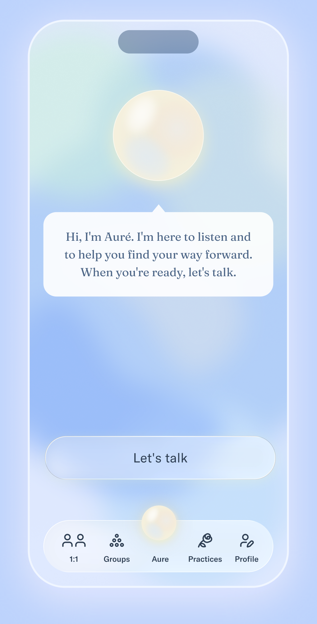 Auré app — a one-to-one conversation: an orb, a message from Auré, and a Let's talk button